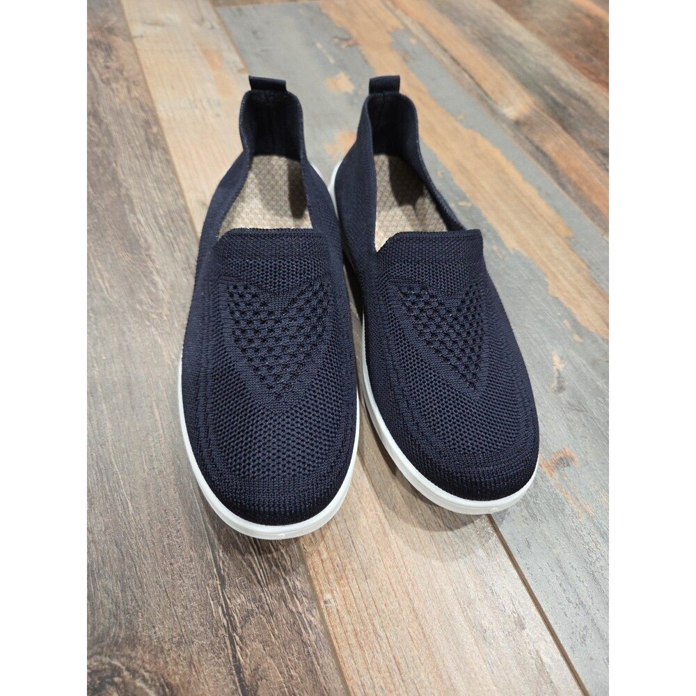 Sz 9/9.5 (EU 41) Fabric Flats Navy Blue Slip On Rubber Sole Comfort heart Front